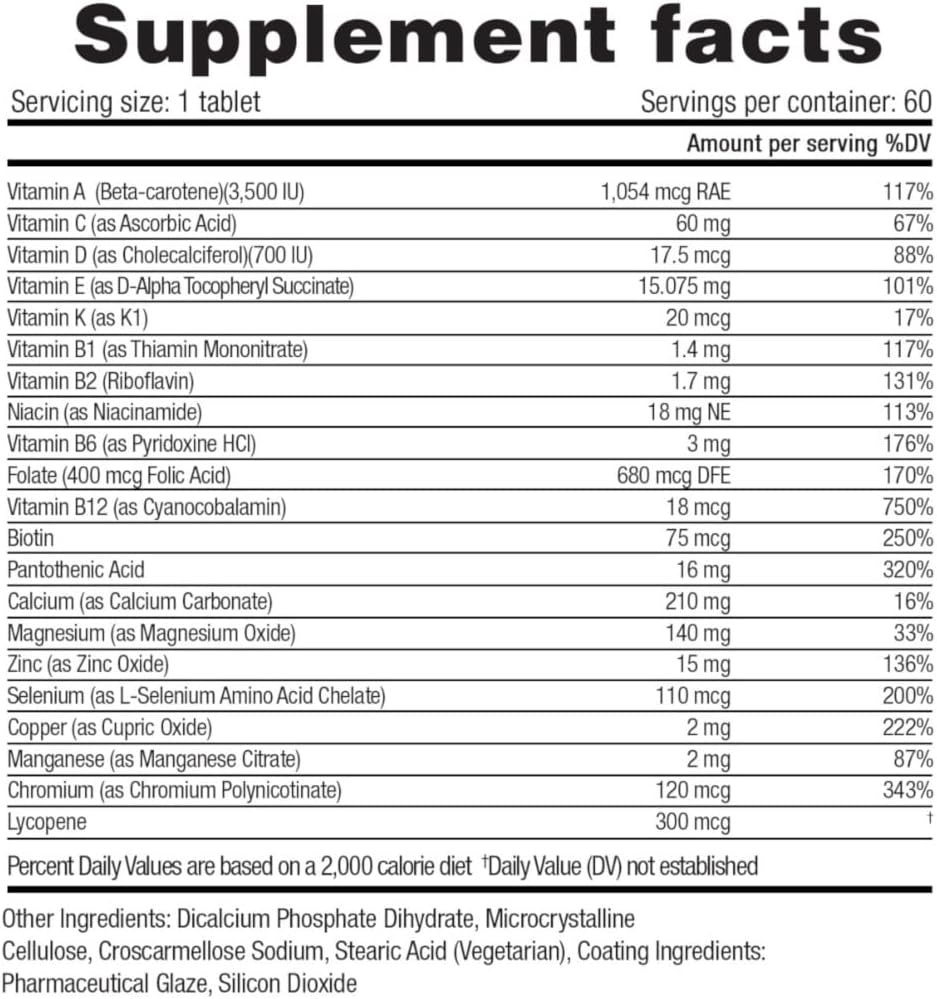 Herbolab Multivitamin Once Daily, Max Strength Vitamins A, C, D, E, K, B1, B2, B6, B12, Niacin, Calcium, Magnesium, Zinc, Selenium, Copper, Manganese, Chromium With Lycopene, 60 Count 2 Mo Supply : Health & Household