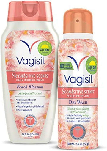 Vagisil Scentsitive Scents Multipack, Daily Intimate Feminine Wash (12 Oz.), And Dry Wash Deodorant Spray For Women (2.6 Oz.) - Peach Blossom Scent