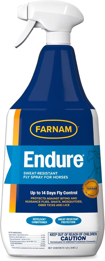 Farnam Endure Sweat-Resistant Fly Spray For Horses, Lasts Up To 14 Days, Protects Against Flies, Gnats, Mosquitoes, Ticks & Lice, 32 Oz