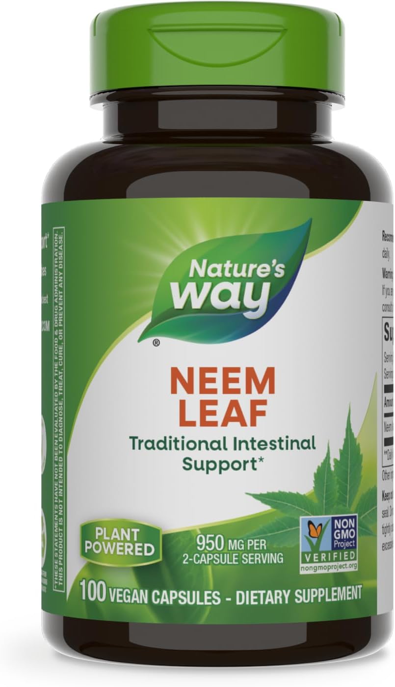 Nature's Way Herbal Neem Leaf, Traditional Intestinal Support*, Used in Ayurveda, 950 mg per 2-Capsule Serving, Non-GMO Project Verified, Vegan, 100 Capsules (Packaging May Vary)