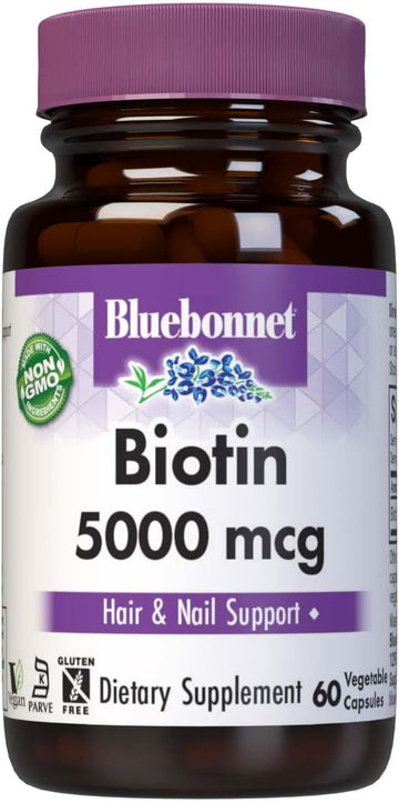 Bluebonnet Nutrition Biotin 5000 Mcg, Hair & Nail Support*, Non-Gmo, Vegan, Kosher Certified, Gluten-Free, Soy-Free, Dairy-Free, 60 Vegetable Capsules, 60 Servings