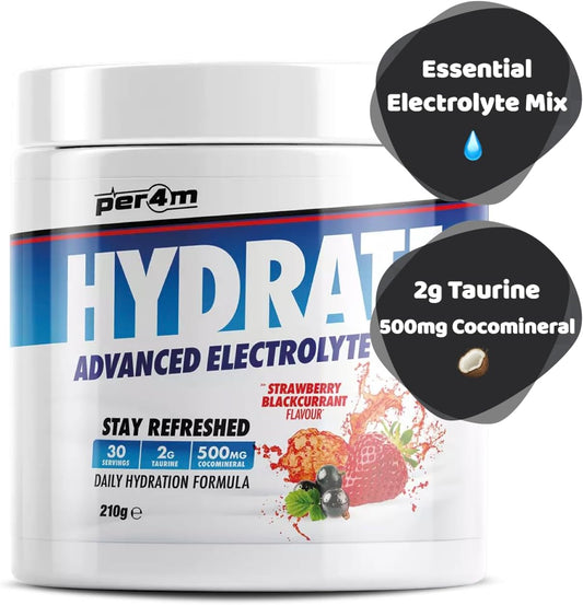 Per4M Hydrate Electrolyte Mix Powder | 500Mg Cocomineral | Replenish Essential Electrolytes | Aiding Muscle Function, Cardiovascular Health, Neurological Support (Strawberry Blackcurrant, 210G)