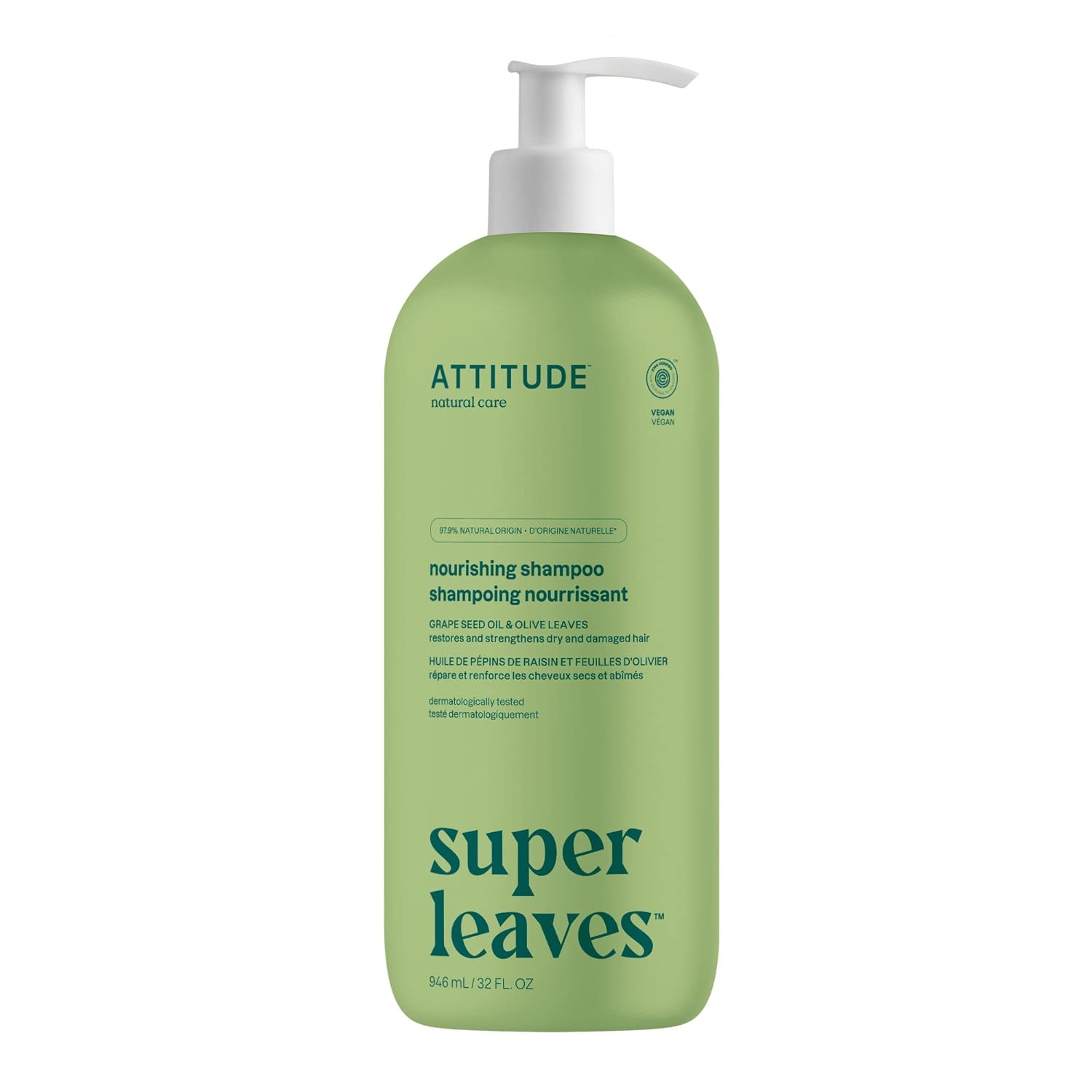 Attitude Nourishing Hair Shampoo, Ewg Verified, For Dry And Damaged Hair, Naturally Derived Ingredients, Vegan And Plant Based, Grapeseed Oil And Olive Leaves, 32 Fl Oz