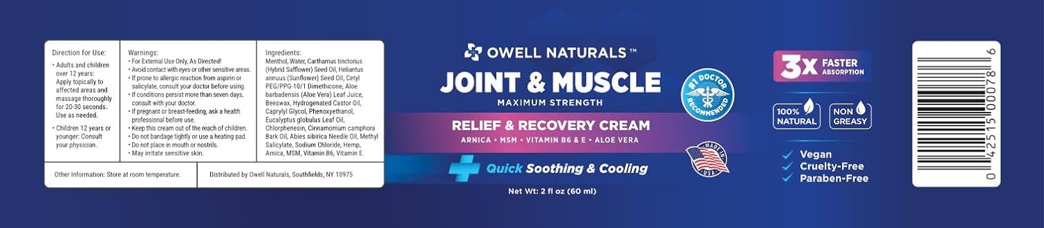OWELL NATURALS Joint & Muscle Therapy Cream - All-Natural- Maximum Strength Relief & Recovery for Back, Neck, Hands, Feet, Shoulder - Fast-Acting, Non-Greasy, Made in USA : Health & Household