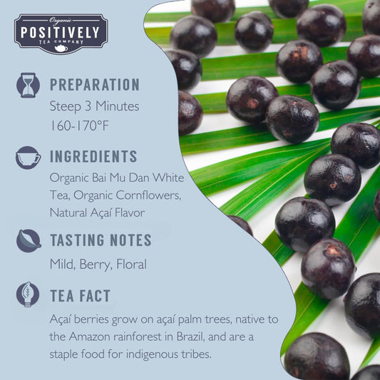 Organic Positively Tea Company, Açaí White Tea Bags, 20 Count