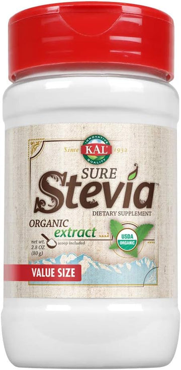 Kal Sure Stevia Extract, Organic Stevia Powder, Low Carb, Zero Calorie Sweetener, Keto Friendly, Great Taste, Low Glycemic, Vegan, Gluten Free, No Fillers, 60-Day Guarantee (2.8 Oz Organic)