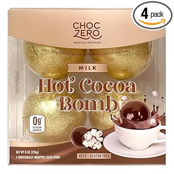 Choczero Hot Cocoa Bombs, Zero Sugar Added, Keto Milk Chocolate, Kid Friendly Way To Make Hot Chocolate, Filled With Sugar Free Marshmallows (4 Count)