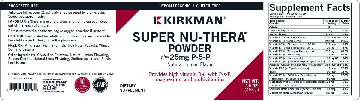 Kirkman Super Nu-Thera® with 25 mg P-5-P Powder - New, Improved Formula! | 454 gm/16 oz | Multi Vitamin : Health & Household