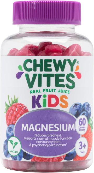 Chewy Vites Kids Magnesium, 2 Months Supply, 60 Kids Vitamins Gummies, 500Mg Magnesium Citrate Providing 56Mg Per Gummy, Real Fruit Juice, Age 3 +, Berries Flavour