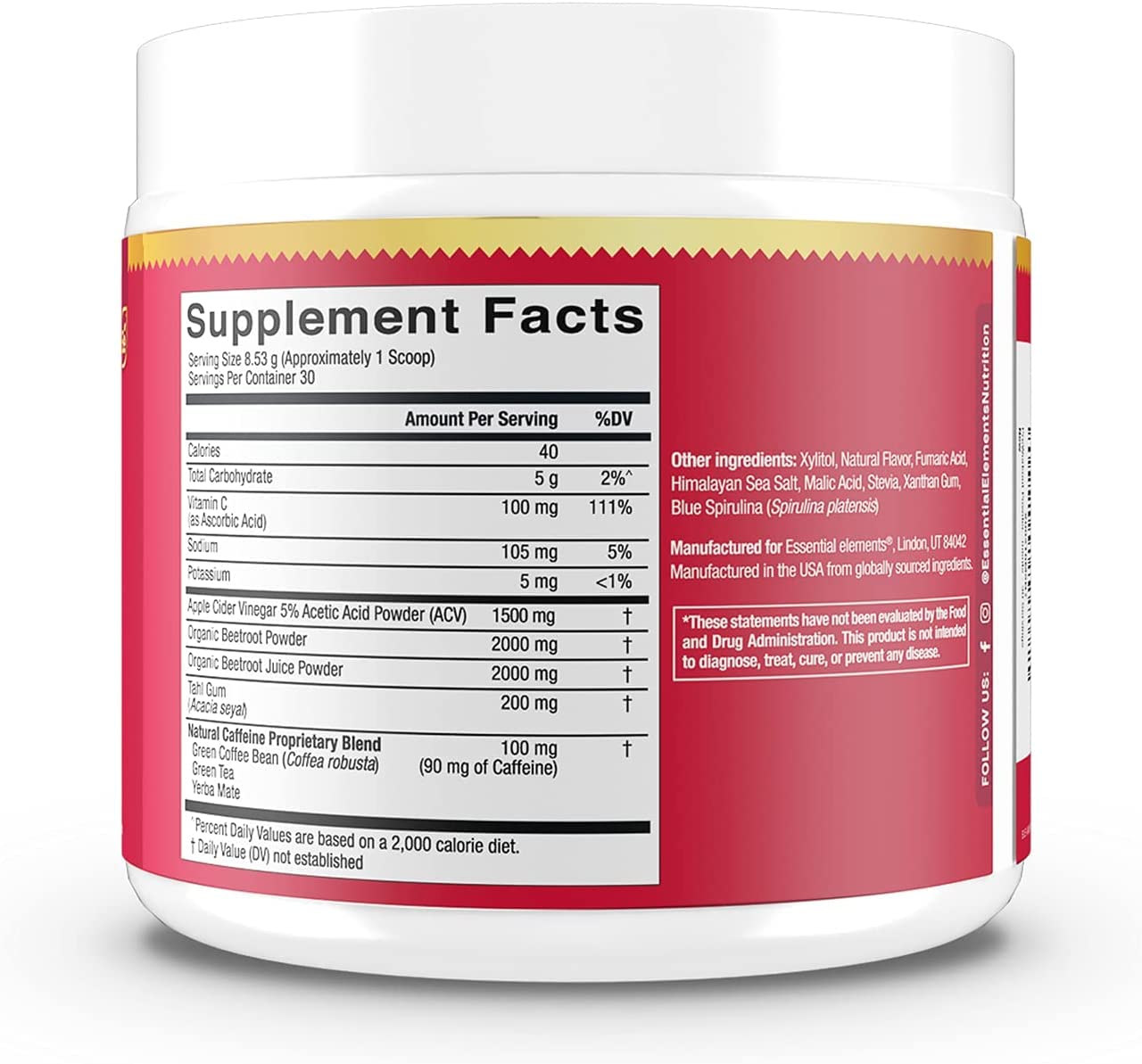 Essential Elements Preworkout Powder With Beet Root & Acv | Superfood Energy Supplement & All-Natural Nitric Oxide Booster Plus Caffeine 30 Servings : Health & Household