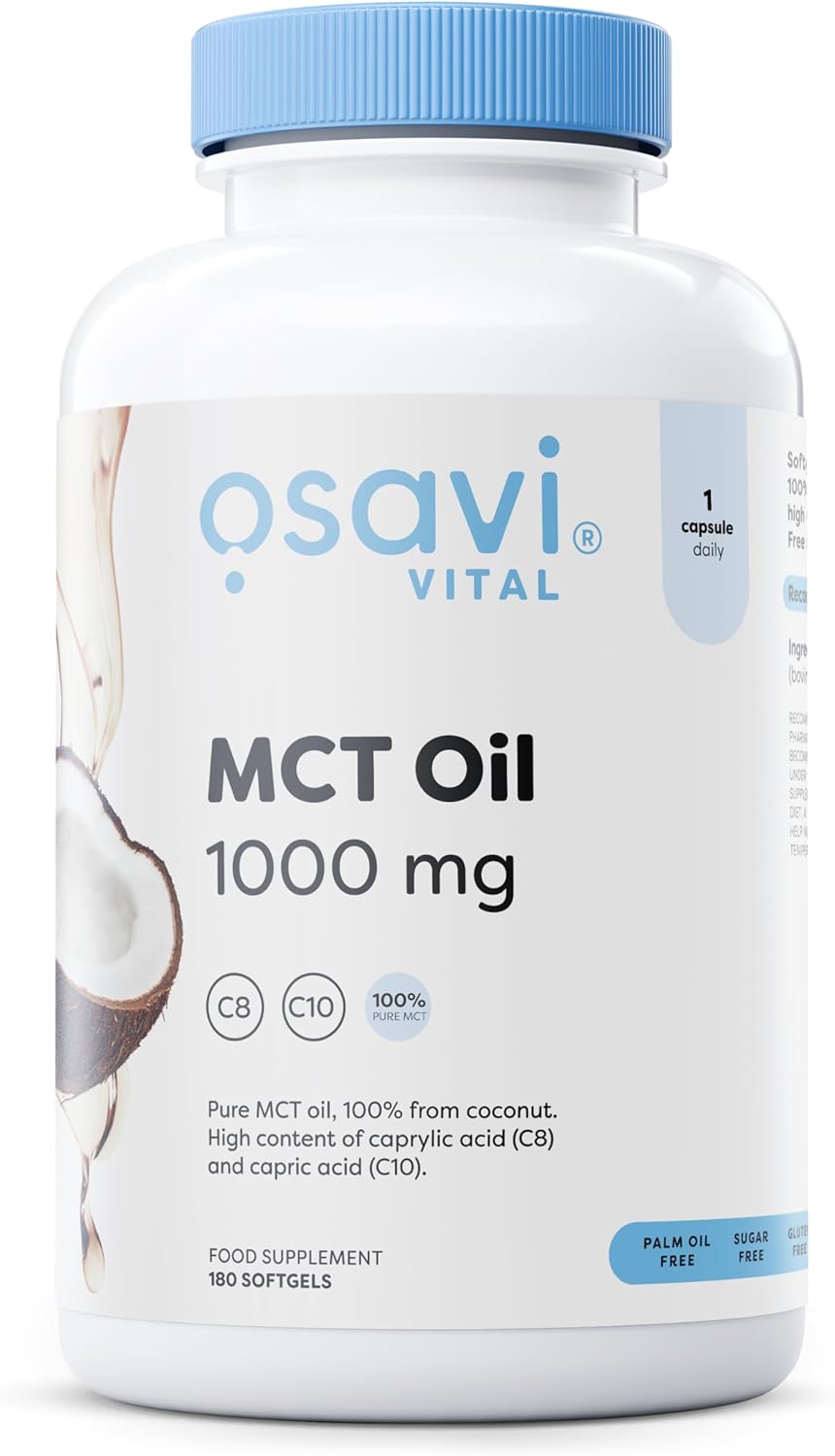 Osavi Mct Oil 1000Mg – 60 Softgels | High Concentration Of Caprylic (C8) And Capric (C10) Acids | 100% Coconut Oil, Palm Oil Free | Eco–Friendly Biopet Packaging
