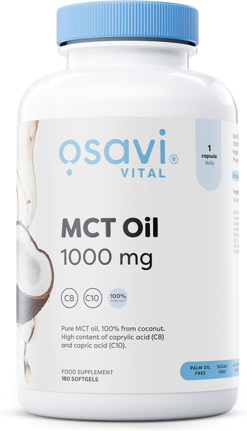 Osavi Mct Oil 1000Mg – 60 Softgels | High Concentration Of Caprylic (C8) And Capric (C10) Acids | 100% Coconut Oil, Palm Oil Free | Eco–Friendly Biopet Packaging