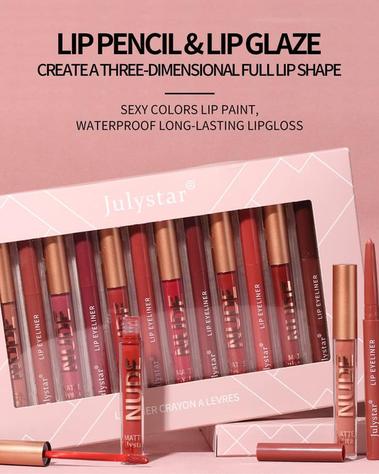 Julystar 12Pcs Matte Lip Glaze & Lip Liner Set Lip Pencil And Lip Glaze Lip Color Lip Liner Set Non-Stick Cup Matte Lip Glaze