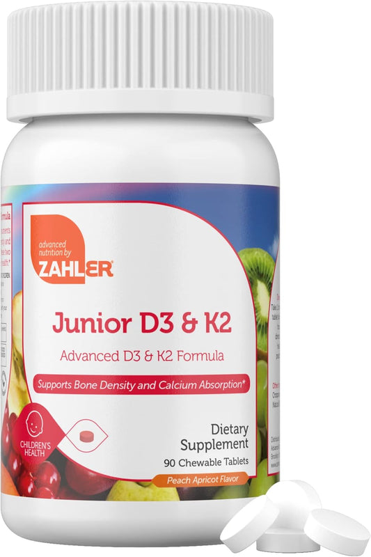 Zahler - Junior Vitamin D3 + K2 Chewable Tablets For Kids| Vitamin D For Kids 2000 Iu | Delicious Vitamin D K2 Chews To Support Healthy Bones & Teeth - Kosher, Less Sugar Than Gummies (90 Count)