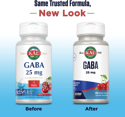 KAL GABA Supplement, Relaxation Support and Stress Relief Support, Natural Cherry Flavor ActivMelt Instant Dissolve, Vegetarian, 60-Day Money-Back Guarantee, 120 Servings, 120 Micro Tablets