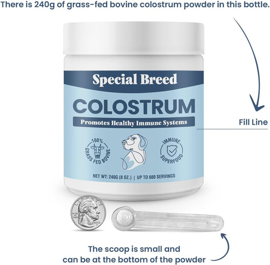 Special Breed Bovine Colostrum For Dogs And Cats, Immune Support Supplement For Allergy And Itch Relief, Grass Fed Colostrum Powder (240 Grams)