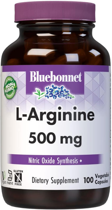 Bluebonnet Nutrition L-Arginine 500Mg, Free-Form Amino Acid, Nitric Oxide Precursor*, Soy-Free, Gluten-Free, Non-Gmo, Kosher Certified, Vegan, 100 Vegetable Capsules, 100 Servings, White