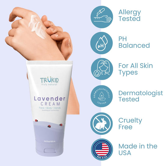 TruKid Lavender Skin Cream for Kids - Hydrates & Moisturizes Sensitive Skin, All Natural Ingredients, Enriched with Shea Butter, Cocoa, Grape Seed Oil & Vitamin E, 3.4 oz (Packaging May Vary)