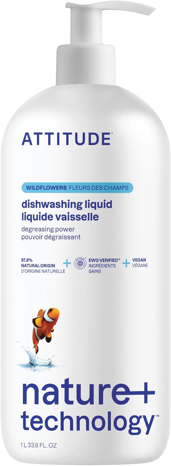 ATTITUDE Dishwashing Liquid, EWG Verified, Vegan Dish Soap, Plant Based, Naturally Derived Products, Wildflowers, 33.8 Fl Oz