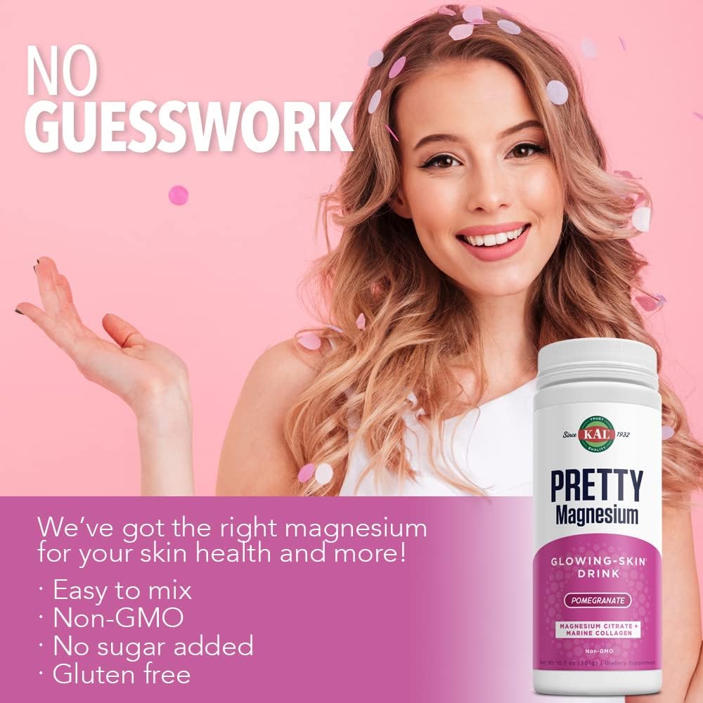 KAL Pretty Magnesium Glowing-Skin Drink | 325mg Mag Citrate + Marine Collagen | Cellular & Skin Health, 10.7oz, 70 Serv. : Health & Household