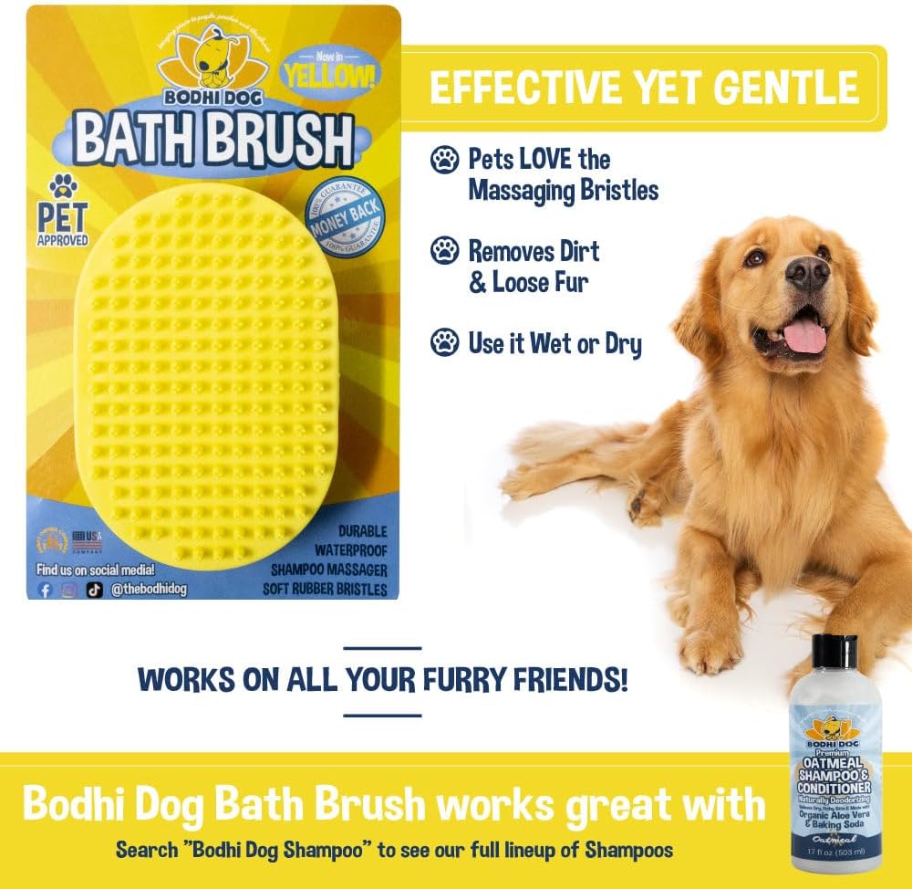 Bodhi Dog Hair Brush for Dogs & Cats, Pet Shower & Bath Supplies, Long & Short Hair Dog Scrubber, Professional Quality Dog Grooming Brush, Yellow, Waterproof, Oval