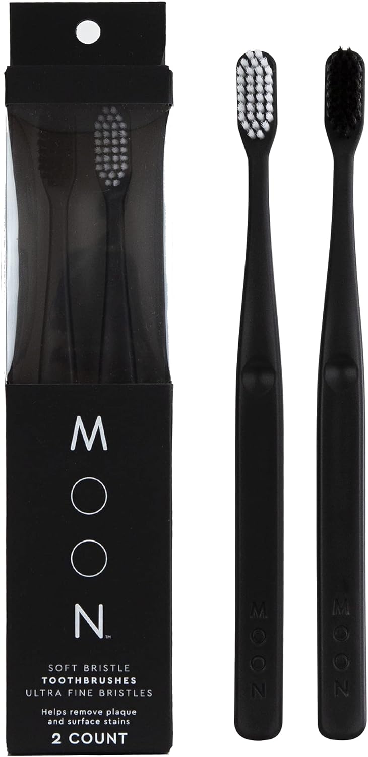 MOON Toothbrushes, Soft Bristle, White and Black Sleek Toothbrushes, 2 Pack