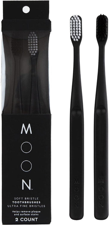 MOON Toothbrushes, Soft Bristle, White and Black Sleek Toothbrushes, 2 Pack