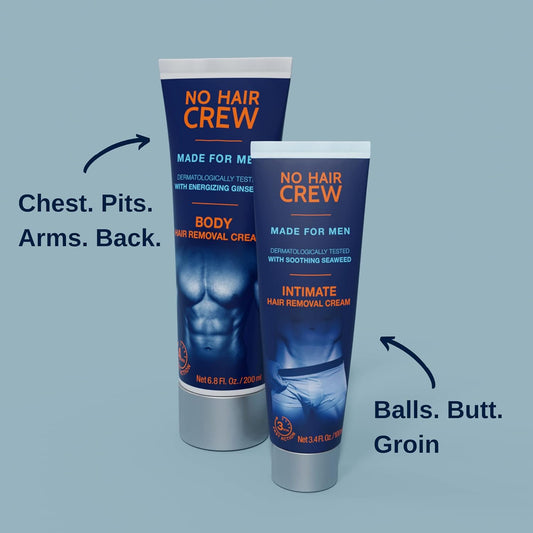 No Hair Crew | Intimate & Body Male Hair Removal Cream Bundle | Painless, Flawless, Soothing Depilatory for Manscaping Unwanted Coarse Male Hair