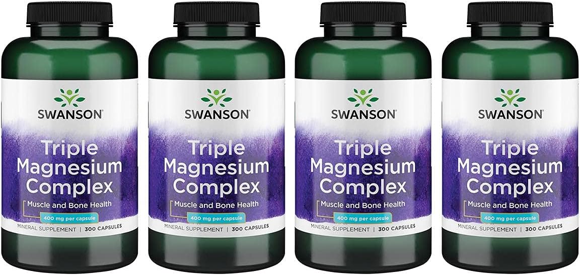 Swanson Triple Magnesium Complex - Mineral Supplement - Natural Support - Featuring Citrate, Oxide '&' Aspartate - (300 Capsules, 400Mg Each) 4 Pack