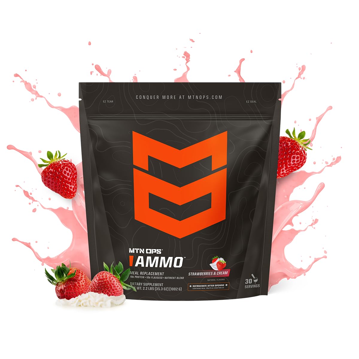 Mtn Ops Ammo Protein Powder Meal Replacement Shake For Lean Muscle Building, Strawberries & Cream Flavor, 28 Servings