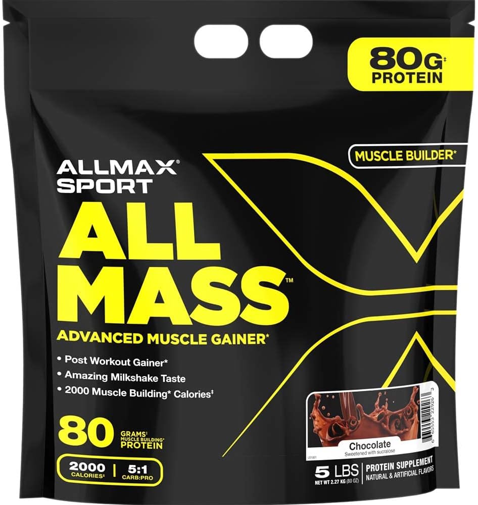 ALLMAX ALLMASS, Chocolate - 5 lb - Advanced Muscle Gainer - Up to 80 Grams of Protein Per Serving - 5:1 Carb-to-Protein Ratio - Zero Trans Fat - Up to 24 Servings : Health & Household