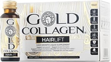Gold Collagen Hairlift - Biotin Hair Growth Marine Collagen Supplements For Women & Men With Vitamin C And B6, Hyaluronic Acid, Zinc And Keratin Hair Treatment, Skin And Nails, 10 Bottles 50 Ml Each