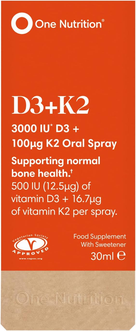 One Nutrition D3 + K2 Oral Spray – Vitamin D3 & Vitamin K2 – Highly Absorbable – Supports Bone Health & Immune System – Orange Flavour – 500Iu D3 And 16.7µg K2 Per Spray - 180 Sprays
