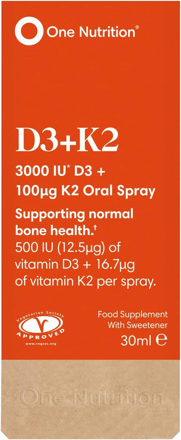 One Nutrition D3 + K2 Oral Spray – Vitamin D3 & Vitamin K2 – Highly Absorbable – Supports Bone Health & Immune System – Orange Flavour – 500Iu D3 And 16.7µg K2 Per Spray - 180 Sprays