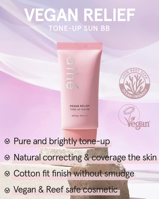 Athe Vegan Relief Sun Bb Spf50+ Pa++++, Korean Sunscreen, Zinc Oxide Tone Up Cream, Tone & Texture Correction, Long-Lasting No Sebum Pore Coverage, Reef-Safe, 2.36Oz