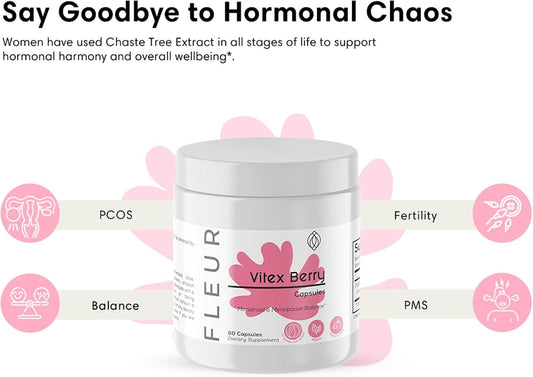 Fleur Vitex Capsules, Vitex Chasteberry For Hormone Balance For Women, Pcos Supplement Helps Maintain Progesterone Level For Menstrual Cycle Support, Fertility & Pms Support, 500Mg, 60Ct