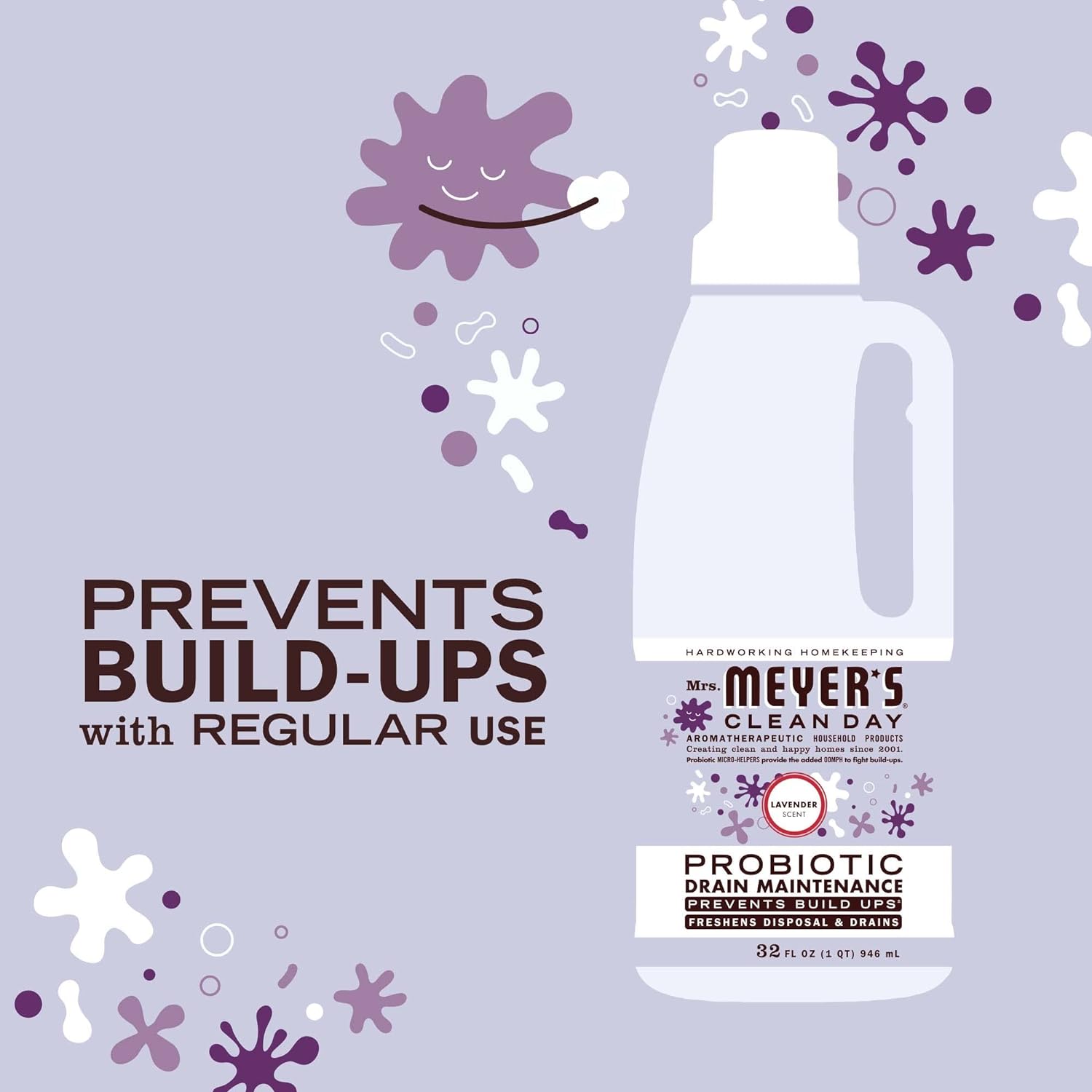 Mrs. Meyer'S Clean Day Probiotic Drain Maintenance Liquid, Lavender, Freshens Disposals And Drains, 32 Fl Oz