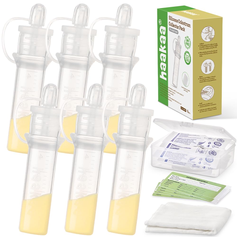 haakaa Colostrum Collector Kit Breast Milk Collector with Cotton Cloth Wipe and Storage Case, Ready-to-Use, Reusable, BPA Free, 4ml/6pcs