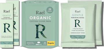 Rael Feminine Care Bundle - Foaming Feminine Cleansing Wash (2 Pack), Feminine Wipes (2 Pack), Organic Cotton Cover Regular Pads With Wings (28 Count)