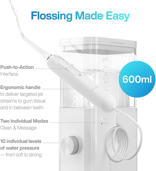 Aquasonic Aqua Flosser Pro | Professional Water Flosser With Large Capacity Reservoir | Oral Irrigator W/ 2 Modes, 10 Levels Of Water Pressure, 4 Included Tips | Sleek & Compact | Dentist Recommended