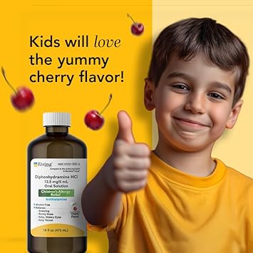Rising Health - Allergy Relief Liquid Medicine With Diphenhydramine Hcl 12.5Mg/5Ml - Kids' Allergy Syrup For Symptoms Like Runny Nose, Itchy Eyes & More - Cherry Flavor - 16 Fl. Oz : Health & Household