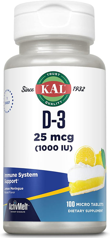 KAL Vitamin D-3 1000 IU | Natural Lemon Flavor ActivMelt Micro Tablets | Healthy Immune Function & Bone Support | 100ct