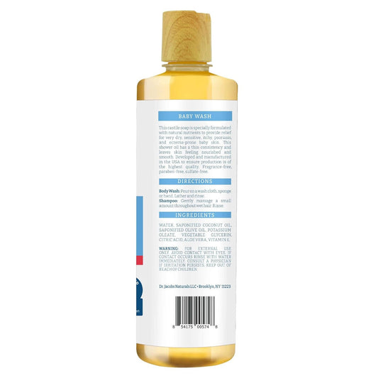 Dr. Jacobs Pure Castile Baby Wash - Effective Body Wash To Relieve Baby Eczema - Gentle Shampoo And Unscented Soap For Sensitive Skin, And Hypoallergenic - 16 Oz -2Pk