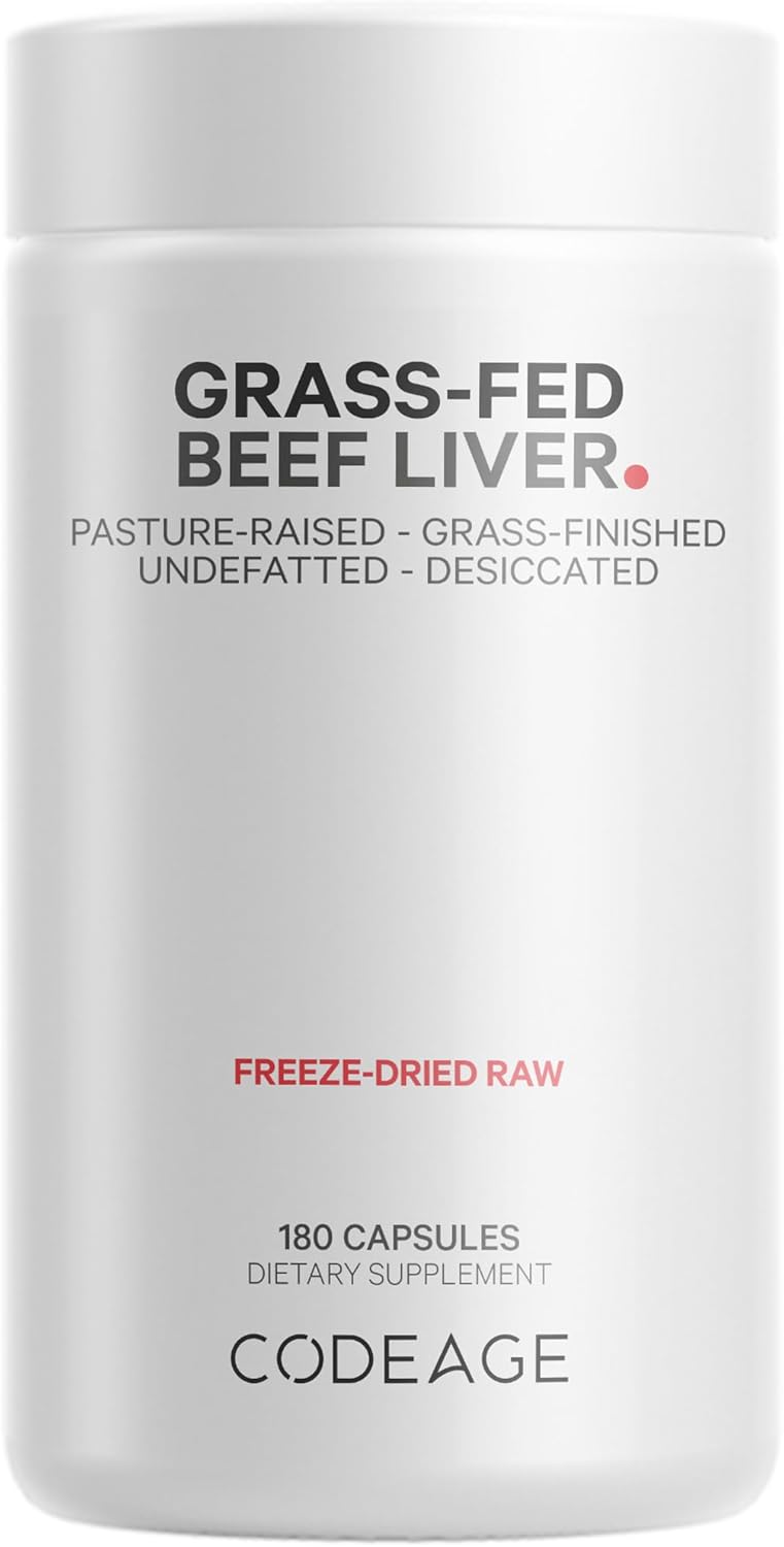 Codeage Grass Fed Beef Liver Supplement Superfood, Freeze Dried, Non-Defatted, Desiccated Beef Liver Glandulars Bovine Pills, Liver Health, Pasture Raised Beef Vitamins, Non-Gmo, 180 Capsules