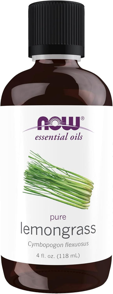 Now Essential Oils, Lemongrass Oil, Uplifting Aromatherapy Scent, Steam Distilled, 100% Pure, Vegan, Child Resistant Cap, 4-Ounce