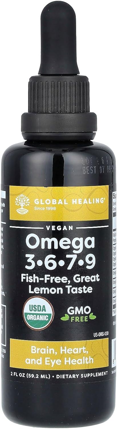 Global Healing Organic Omega 3 6 9 and 7 (Seaberry CO2 Extract) - Fish-Free, Non-GMO Omega 3 Supplement for Women & Men, Contains Perilla Seed & Flaxseed Oil - Omega 3 Fish Oil Alternative - 2 Fl Oz