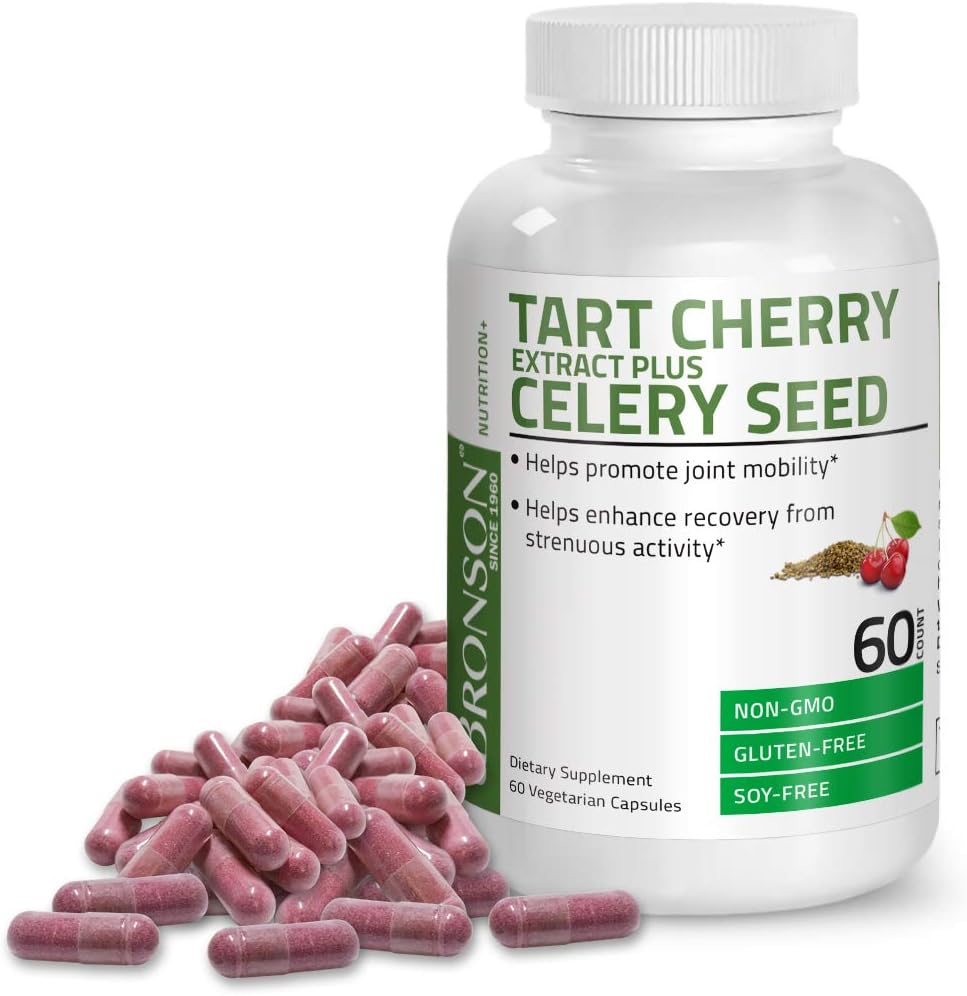 Bronson Tart Cherry Extract + Celery Seed Capsules - Powerful Uric Acid Cleanse, Joint Mobility Support & Muscle Recovery Supplement - Non-GMO Formula - 60 Vegetarian Capsules : Health & Household