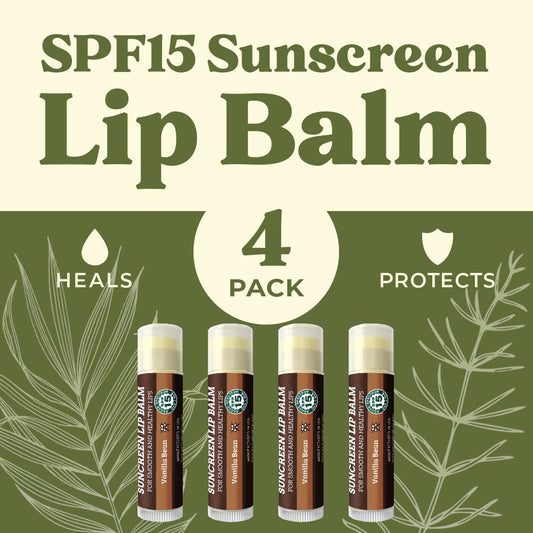 SPF Lip Balm 4-Pack by Earth's Daughter - Lip Sunscreen, SPF 15, Organic Ingredients, Vanilla Flavor, Beeswax, Coconut Oil, Vitamin E - Hypoallergenic, Paraben Free, Gluten Free