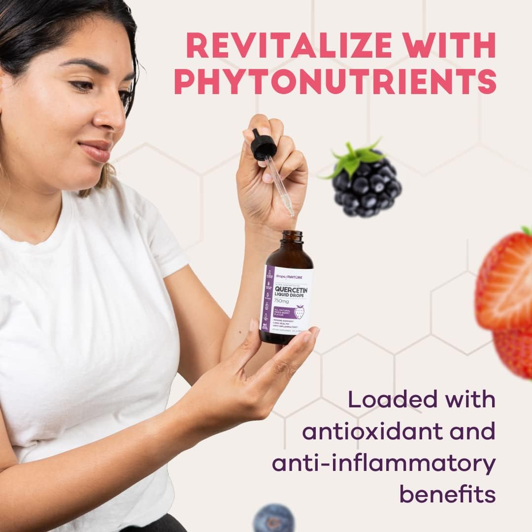 Drops Of Nature Quercetin Liquid Drops 750mg | Lions Mane Mushroom Gummies 60 Bears | Bundle : Health & Household