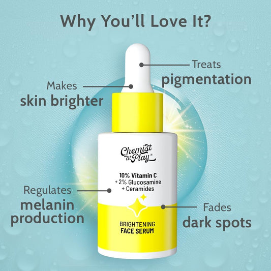 Chemist At Play 10% Vitamin C Face Serum |Brightens & Gives Glow |Fades Dark Spots |Treats Hyperpigmentation| Balances Melanin Production | Ethyl Ascorbic Acid & Glucosamine | For All Skin Types 30Ml